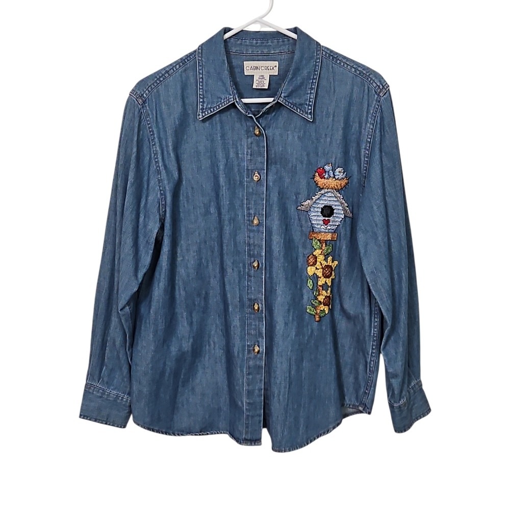 Cabin Creek Denim Embroidered Longsleeve Shirt Women's Size Large
